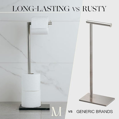 MARMOLUX ACC Free Standing Brushed Nickel Toilet Paper Holder Stand - 4 Jumbo Roll Bathroom Hardware - Standing Toilet Paper Holder - Stainless Steel Toilet Paper Stand - Brushed Steel/Black Marble