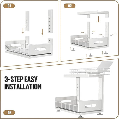 Under Sink Organizer Upgrade To Professional Rails,2-Tier Dual Pull Out Cabinet Storage,Height Adjustable Slide Out Drawers For Bathroom Kitchen,2 Pack-14.5" Dx12.8-16.9" H,White