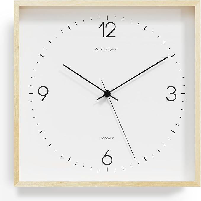 mooas Wooden Frame Flatwood Wall Clock,12" Non-Ticking Sweep Movement Decorative Wood Battery Operated Wall Clock for Home Living Room Kitchen Bedroom Office School Cafe (Light Brown)