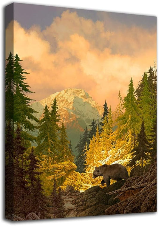 arteWOODS Canvas Wall Art Decor Grizzly Bear for Bedroom Living Room Forest Rocky Mountain Modern Canvas Artwork Contemporary Picture Prints for Office Wall Decoration 16" x 24"