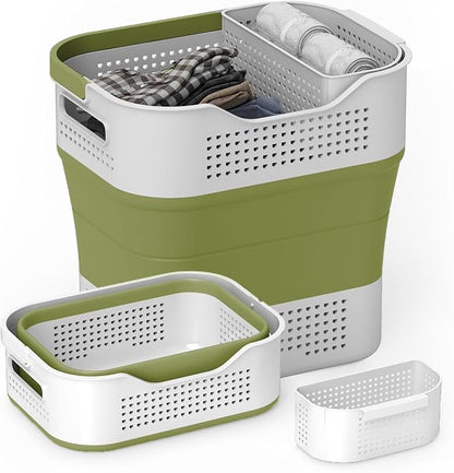 TECHMILLY Collapsible Plastic Laundry Basket Hamper with Handles, 35L Portable Rubber Clothes Basket, Pop Up Storage Container/Organizer with Hanging basket for Washing & Storage, Green