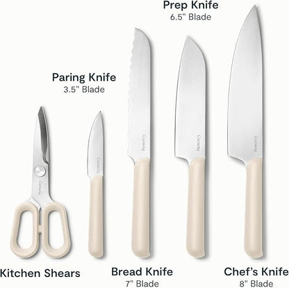 Caraway 14-Piece Kitchen Prep Set - Kitchen Knife Set & Wooden Utensil Set - Made With Premium German Steel Blades & FSC-Certified Birch Wood - Non-Toxic Materials - Includes Organizer - Cream