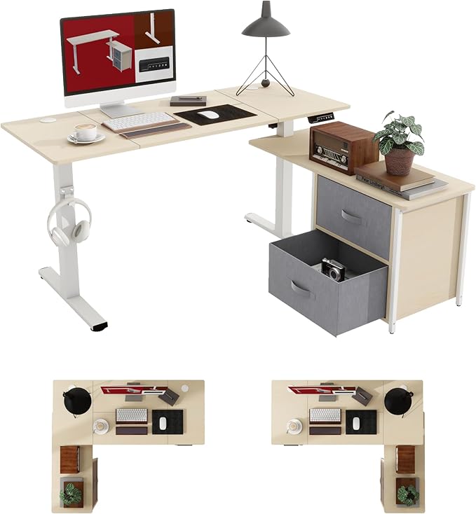 SANODESK 55'' L Shaped Standing Desk with 2-Drawer File Cabinet, Electric Height Adjustable Stand up Desk w/USB Charge Ports, Home Office Modern Wood Computer Desk with Shelves,White Frame/Maple Top