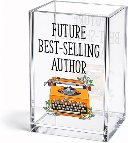 Future Best-Selli Author Acrylic Pencil Holder Cup, Funny Typewriter Pen Holder Desk Organizer, Inspirational Gifts for Writer Author Novelist Book Lover, Home Office Desk Decor Accessories