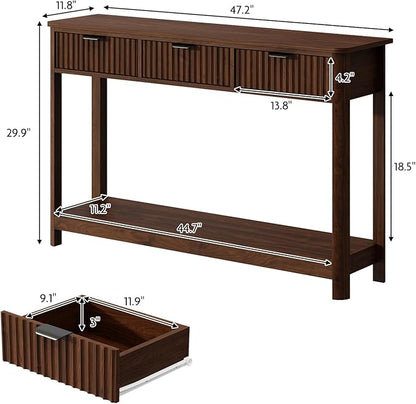 Fluted Console Table with Drawers, Modern 47.1" Entryway Table with Storage Shelf, Boho Narrow Skinny Behind Couch Wood Sofa Table for Living Room Hallway Entrance Foyer,Walnut