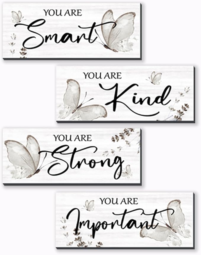 DONFENTHY 4 Pcs Butterfly Wall Decor Black Room Decor Wooden Positive Butterfly Decor with Inspirational Word Black White Grey for Women Room Bathroom Bedroom Office(Black,10x4 In)