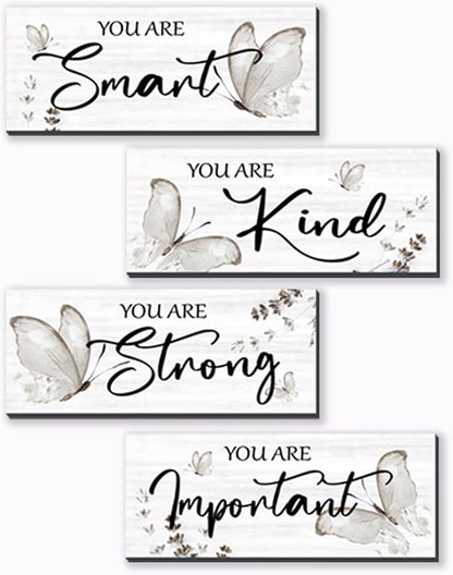DONFENTHY 4 Pcs Butterfly Wall Decor Black Room Decor Wooden Positive Butterfly Decor with Inspirational Word Black White Grey for Women Room Bathroom Bedroom Office(Black,10x4 In)