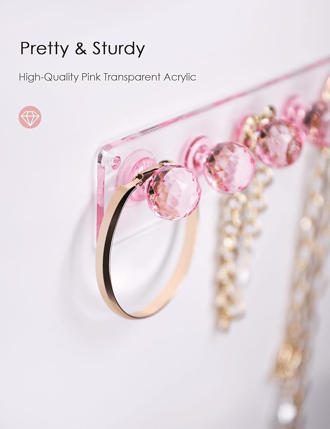 Heesch Necklace Holder Pink, Acrylic Necklace Hanger Wall Mount, Hanging Necklace Organizer, Jewelry Hooks for Necklaces, Bracelets, Chains (2-pack Pink)