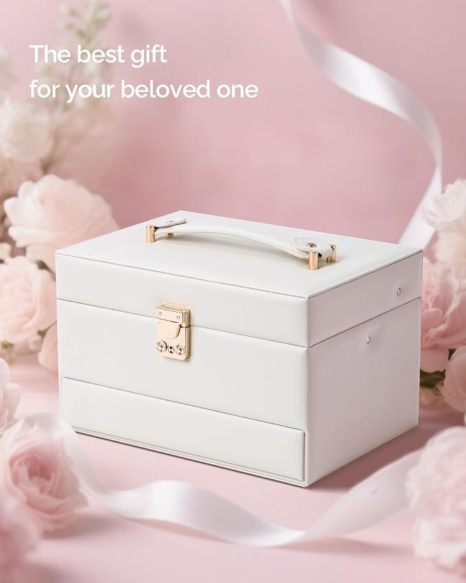 CASEGRACE Jewelry Organizer Box,3 Layers Leather Jewelry Storage Case with Portable Jewelry Case, Removable Jewelry Tray, Home and Travels Storage,Gift for Women (white)