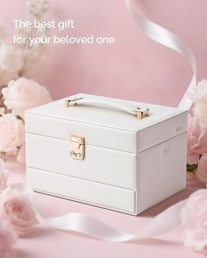 CASEGRACE Jewelry Organizer Box,3 Layers Leather Jewelry Storage Case with Portable Jewelry Case, Removable Jewelry Tray, Home and Travels Storage,Gift for Women (white)