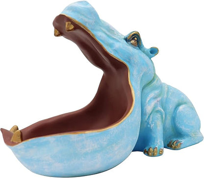 aboxoo Hippo Statue Home Resin Hippopotamus Figurine Fun Candy Dish,Key Bowl,Big Mouth Sculpture Table Art Decoration Sundries Container Storage Box (Light Blue)
