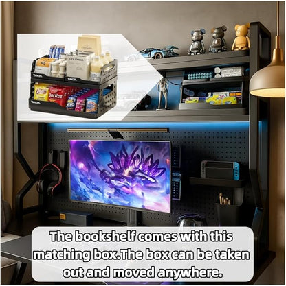Desktop Hutch Bookshelf,Many Gifts,Metal Desktop Bookcase with pegboard, Desk Shelf Black, Countertop Storage Organizer Rack for Dorm or Office,Desktop Shelves(Black, 53.1" Lx9.9 Wx39 H)