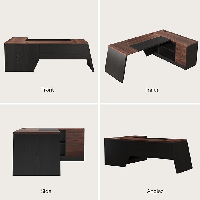 L-Shaped Executive Desk with Drawer, 78-Inch Large Home Office Desk with Cord Hold and Power Outlet, Modern Computer Table with Lateral File Cabinet,Open Shelf and PC Stand, Walnut Brown Black