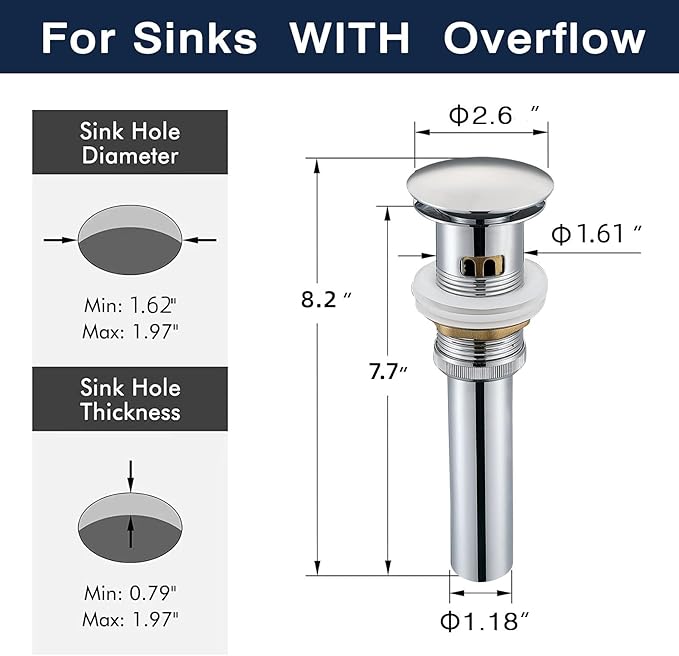 Stainless Steel Pop up Drain for Bathroom Sink Inst Sink Drain with Detachable Basket, Polished Chrome Drain Component with Overflow Bathroom Sink Drain