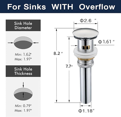 Stainless Steel Pop up Drain for Bathroom Sink Inst Sink Drain with Detachable Basket, Polished Chrome Drain Component with Overflow Bathroom Sink Drain