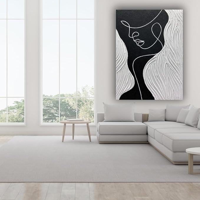moshinart 24 x 36in Hand-Painted Oil Painting 3D Texture Black White Grey Modern Minimalist Black Abstract Wall Art, Home Office Wall Decoration Human Face