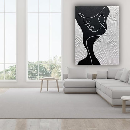 moshinart 24 x 36in Hand-Painted Oil Painting 3D Texture Black White Grey Modern Minimalist Black Abstract Wall Art, Home Office Wall Decoration Human Face