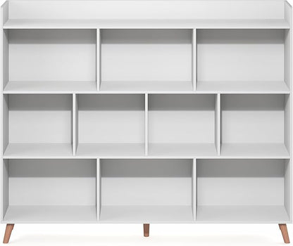 Furinno Claude Book Shelf, 10-Cube Mid Century Style Bookshelf, Bookcase, Storage Organizer with Wood Legs, 9.4" x 55.1" x 45.1", for Living Room, Bedroom, Home Office, White