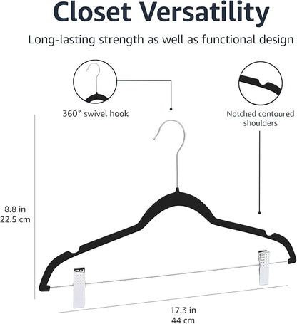Amazon Basics Velvet, Non-Slip Skirt Clothes Hangers with Clips, Organize Pants and Skirts, Black/Silver, Pack of 50