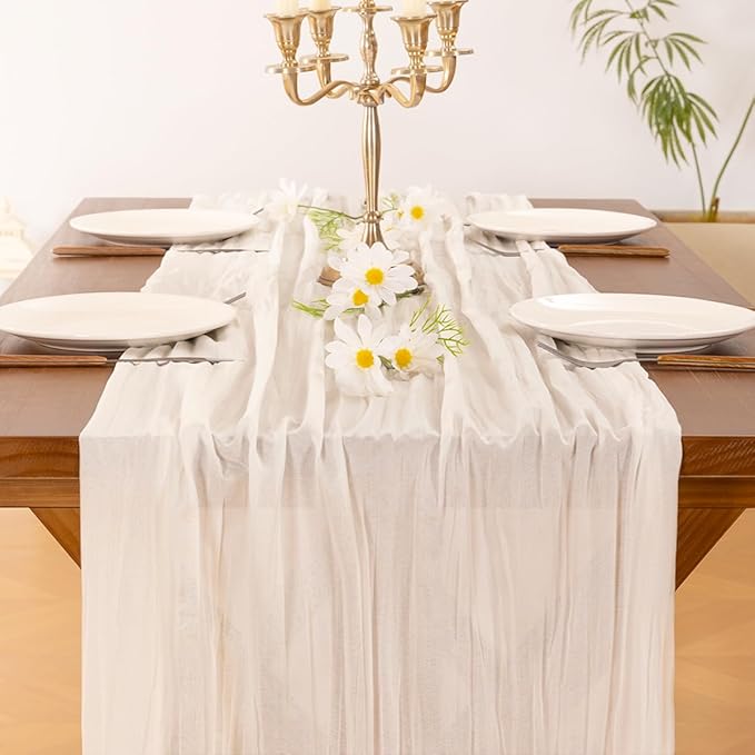 Socomi 10pcs Ivory White Cheesecloth Table Runner Boho Rustic Gauze 120 inch 10FT Cheese Cloth Runner for Wedding Party Baby Shower Birthday Home Decor Holiday Decorations