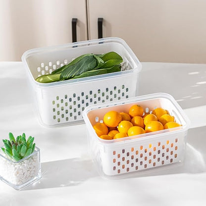 2 Pack Fruit Storage Containers for Fridge with Removable Colanders, Dishwasher & Microwave safe Produce Storage Containers with Lids Keep Fruits, Vegetables, Berry, Meat Fresh longer