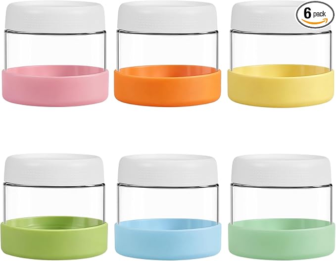 JohnBee 6-Pack 8 oz Glass Overnight Oats Containers with Airtight Lids and Silicone Sleeves - Wide Mouth Jars for Salad, Yogurt, pickles, Snacks, Spice & Sugar - Leakproof Glass Food Storage Jars