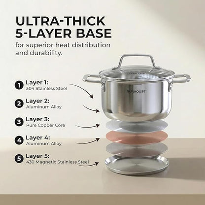 Sunhouse Stock Pot with Lid - 6.5 QT Large Pot for Cooking Pasta, Soup, Spaghetti - Ultra Thick 5-ply Base 18/8 Stainless Steel Pots for Canning, Boiling - Oven Safe & Induction Compatible Cookware