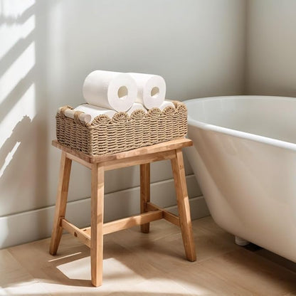 Scalloped Edge Bathroom Counter Organizer Basket with Wooden Handles, Khaki Paper Rope Toilet Tank Top Basket, Toilet Paper Storage Basket for Vanity, Shelves – 14" x 6.3" x 3.9"