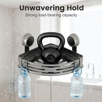 Triangle Suction Cup Corner Shelves No Drilling Bathroom Storage Rack, 2026 New Corner Shower Shelf Suction Cup Shower Caddy Corners Organizer Storage Rack Adhesive with Towel Bar (Black double-layer)