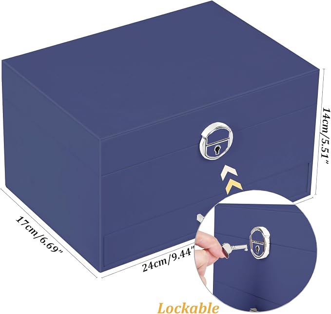 QBestry Earring Jewelry Box for Women Girls Stud Organizers, 5 Layers Navy Jewelry Organizer Box with Lock Necklaces and Earrings Holder Jewelry Box with Earring Organizer for Women Girls Xmas Gifts