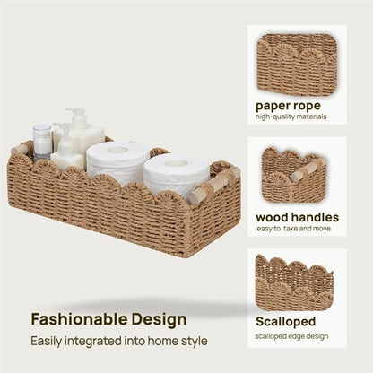 Khaki Scalloped Edge Rope Baskets with Wood Handle, Set of 2 – Neutral Decorative Storage Bins for Shelf, Closet, Nursery & Home Organization