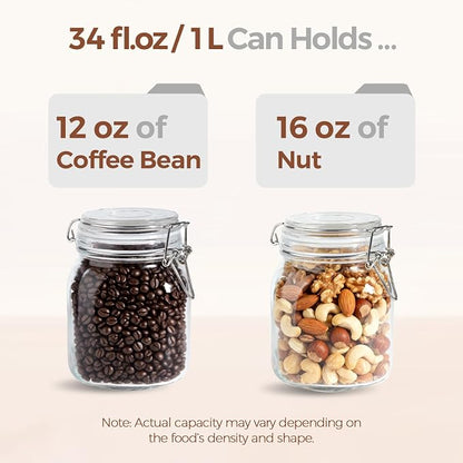 ComSaf 3-Pack Square Glass Coffee Canisters for 1lb Bean Bags, 34oz Airtight Jars with Clamp Lids for Tea, Sugar & Flour, Space-Saving Pantry Organization for Small Apartments & Coffee Station