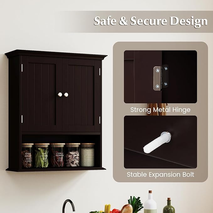 Giantex Wall Mounted Medicine Cabinets - Above Toilet Bathroom Cabinet with Adjustable Shelf, Open Shelf, Over The Toilet Space Saver Storage Cabinet for Laundry Room, Kitchen, Cupboard (Brown)