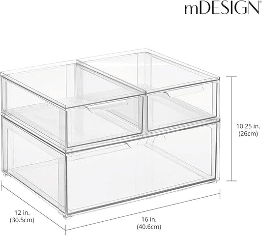 mDesign Plastic Stackable Bathroom Storage Organizer Bin Containers with Front Pull Drawer for Bathroom Countertop, Vanity, Closet Shelves - Holder for Accessories, Lumiere Collection, Set of 3, Clear