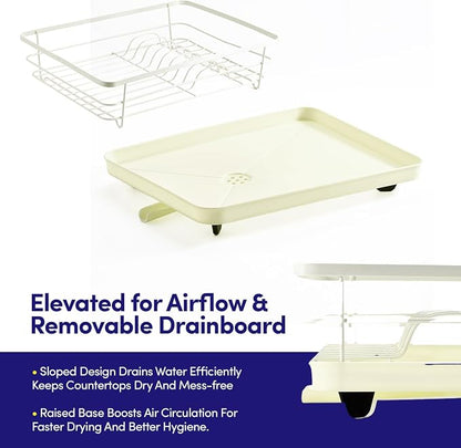 Dish Drying Rack 3 Piece Dish Drainer with Drainboard Set for Kitchen Counter – Dish Rack with Removable Utensil Holder & Swivel Spout for Countertop – DishRack for Plates, Cups & More, Ivory