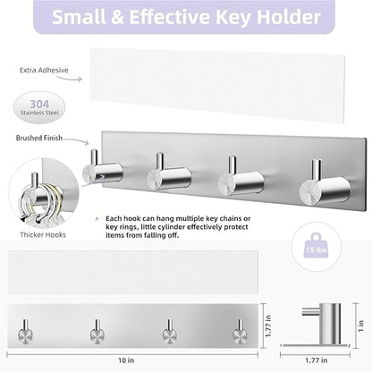 VIS'V Key Holder Wall Mount, Large Metal Self Adhesive Key Hanger with 4 Hooks, No Drilling, Extra Adhesive Strip, Silver