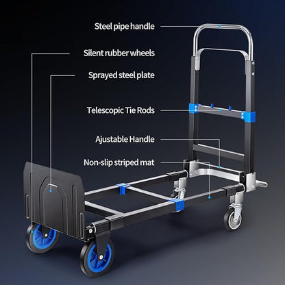 Leomru Pro 3 in 1 Aluminium Hand Truck 660lbs Capacity, Heavy Duty Convertible Hand Truck Dolly W/ 4 Rubber Wheels, Foldable Dolly Cart Collapsible Trolley for Warehouse Home Moving