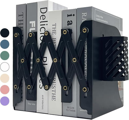 Kingsmile Book Ends, Adjustable Heavy Duty Metal Book Stoppers with Pen Holder for Desk Office Library Kids Room(Black)