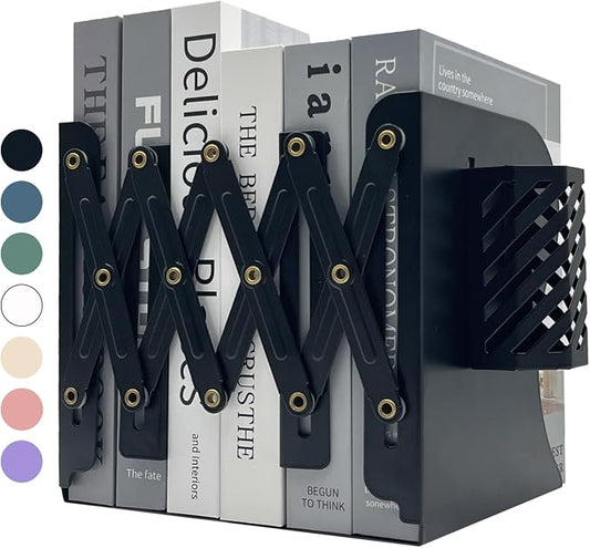 Kingsmile Book Ends, Adjustable Heavy Duty Metal Book Stoppers with Pen Holder for Desk Office Library Kids Room(Black)