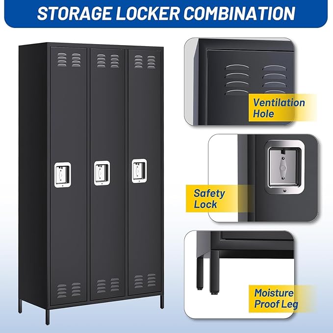 Metal Storage Locker with 3 Doors, Metal Locker for Employees with 9 Hooks for Garage School Office Gym Home, Assembly Required, Black