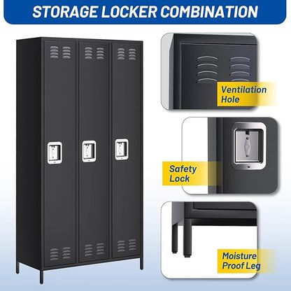 Metal Storage Locker with 3 Doors, Metal Locker for Employees with 9 Hooks for Garage School Office Gym Home, Assembly Required, Black