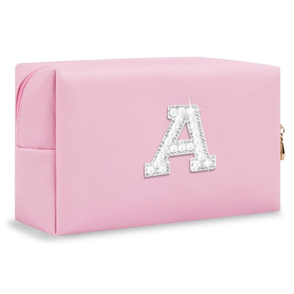 ChaoGreat Bride Gifts – Personalized Initial Makeup Bag with Pearl Rhinestone Patch, Preppy Pink Monogram Cosmetic/Toiletry Pouch, bridesmaid Gifts, Bridal Shower Gifts, Wedding Gifts, Bridal Gifts,A