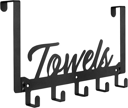 Azmoncy Over The Door Hooks, Towel Rack Towel Hooks for Bathroom, Towel Holder for Hanging Heavy Duty, Door Rack Over Door Hanger with 5 Coat Hooks for Bedroom Bathroom Kitchen, Black