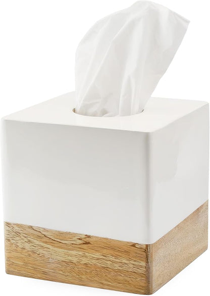 AuldHome Design Square Tissue Box Cover (Enamel/Mango Wood); Minimalist Scandinavian Decor White Cube Tissue Holder