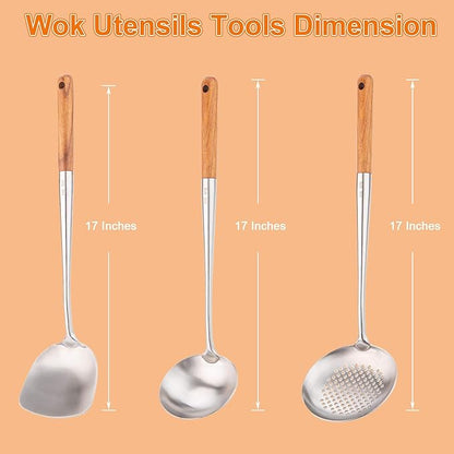 FJNATINH Wok Spatula and Ladle,Skimmer Ladle Tool Set, 17inches Spatula for Wok, 304 Stainless Steel Cooking Utensils