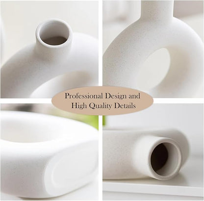 White Ceramic Vase Set of 2 for Modern Home Decor, Round Matte Donut Vases for Pampas Grass, Boho Nordic Minimalism Style Modern Flower Vases for Living Room Table Bookshelf Office Bedroom