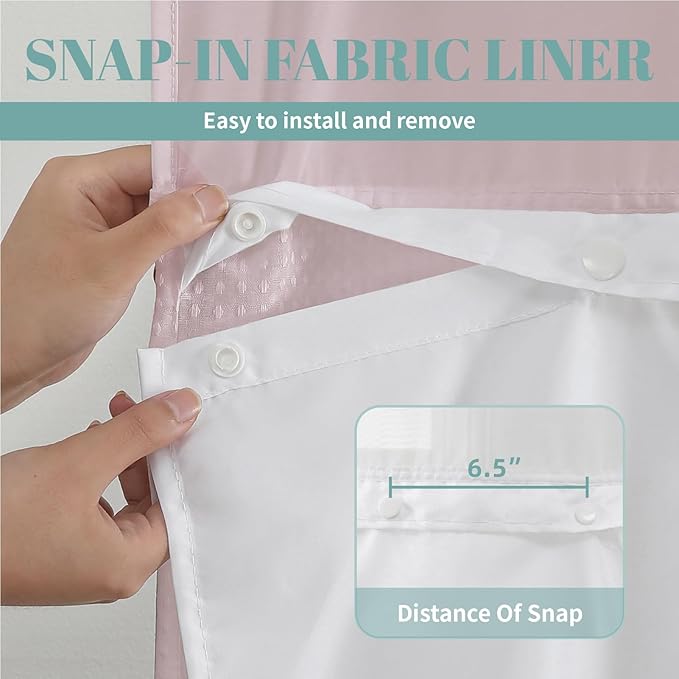 BlushPink No Hook Waffle Weave Shower Curtain with snap-in Liner Replacement, 230GSM Waterproof Fabric Hotel Shower Curtain Set for Bathroom, Through Mesh Top Window,71Wx74H