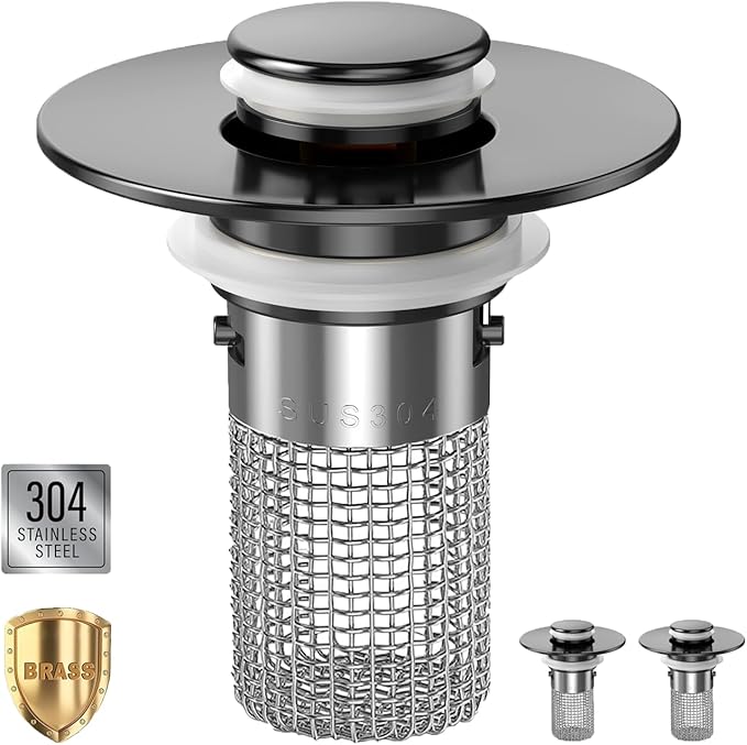 Sink Stopper Hair Catcher, Pop-up Sink Drain Strainer with Removable Stainless Steel Strainer Basket Hair Catcher, Bathroom Sink Strainer for Bathroom Sink Stopper Replacement (2pcs)