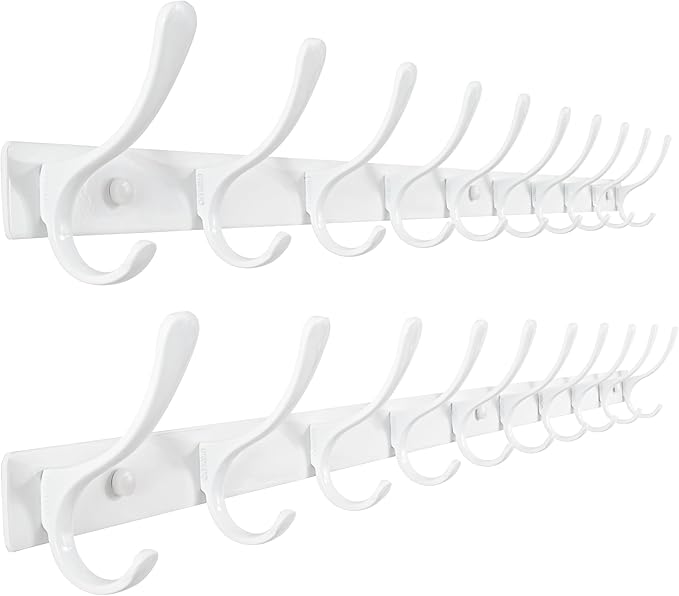 SKOLOO Coat Rack Wall Mounted - 10 Hooks, Pack of 2, Heavy Duty, Stainless Steel, Metal Wall Hangers, Sturdy Coat Hooks for Hanging Coats, Jacket, Clothes, Hat, White