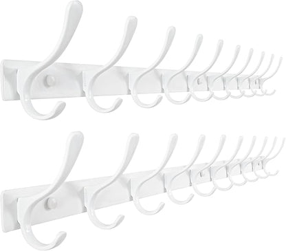 SKOLOO Coat Rack Wall Mounted - 10 Hooks, Pack of 2, Heavy Duty, Stainless Steel, Metal Wall Hangers, Sturdy Coat Hooks for Hanging Coats, Jacket, Clothes, Hat, White